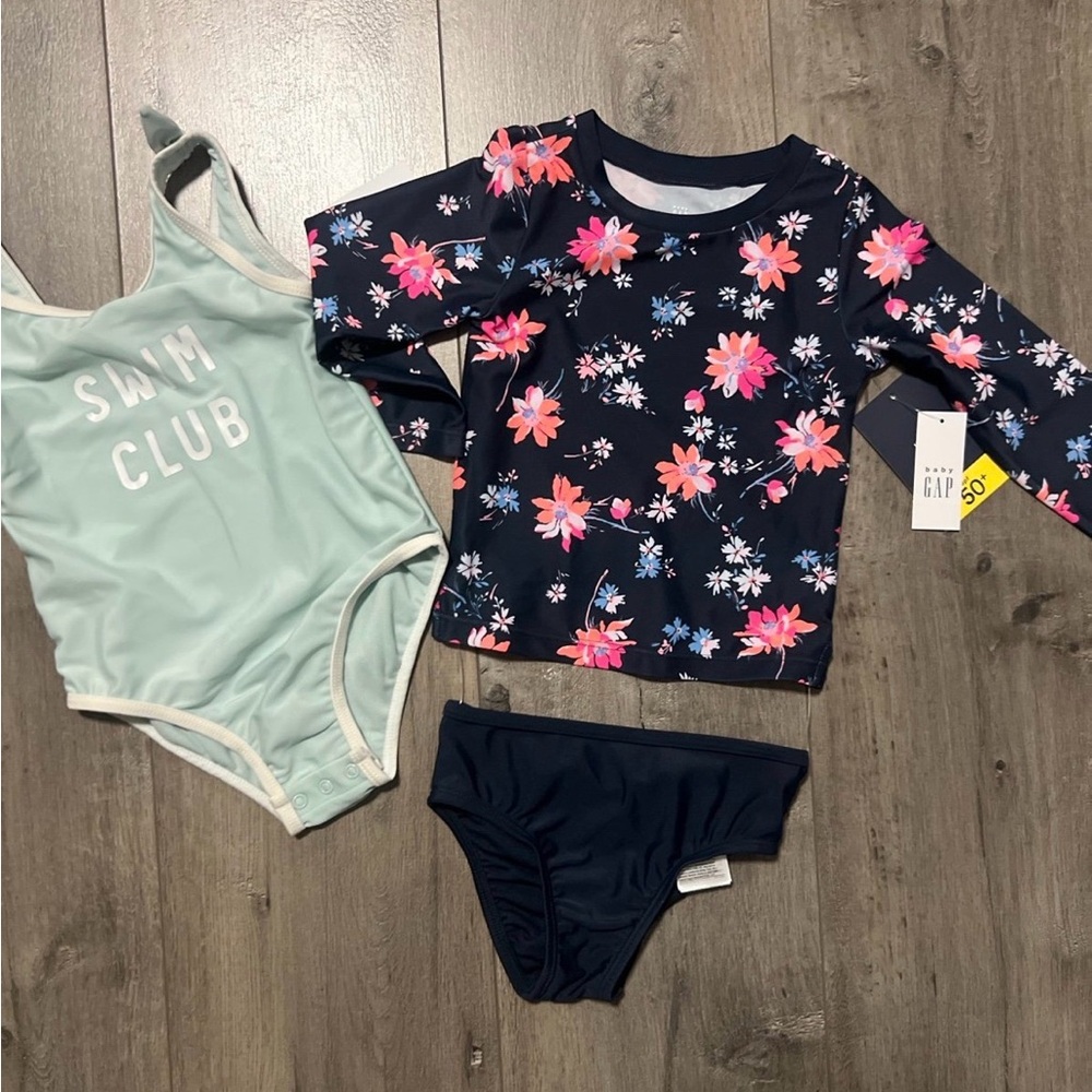 GAP Navy Floral Long-Sleeve One-Piece Swim Set with Pink Flowers